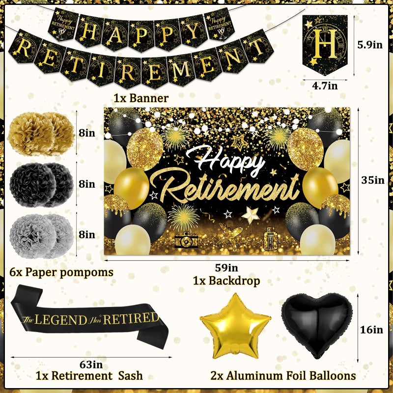 Bolake Happy Retirement Party Decorations for Men Women Black and Gold Retirement Party Decorations Happy Retirement Banner Backdrop Card Retirement Sash Hanging Swirls Foil Balloons Honeycomb Centerpieces - Image 2
